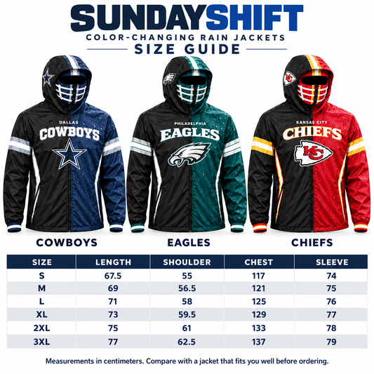 SundayShift jacket size guide in centimeters, sizes S through 3XL, with Cowboys, Eagles and Chiefs designs